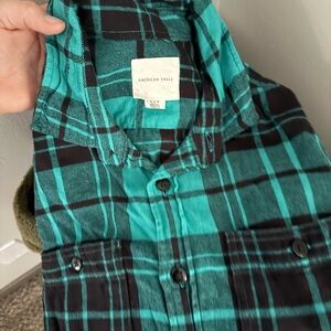 American Eagle Outfitters Men's Turquoise and Black Plaid Shirt
